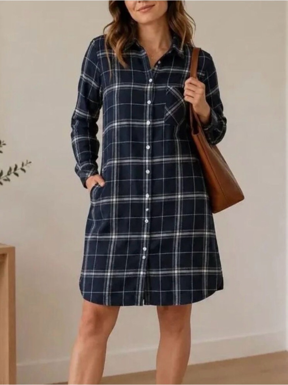Garnet Hill Peruvian Flannel Shirt Dress M Blue Plaid 100% Cotton EUC Classic